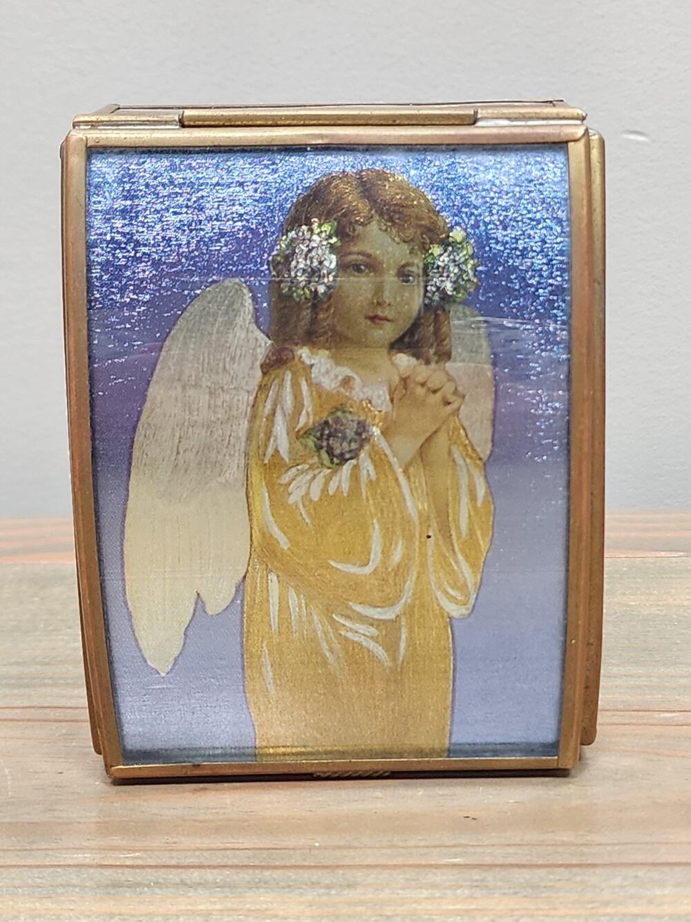 Vintage 1993 Via Vermont Foil Angel Jewelry Trinket Box Mirrored Artwork Mexico